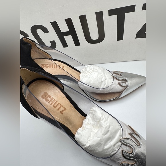 NWT SCHUTZ Den Transparent Silver Flames Pointed Toe Pumps High Heels Sz 5B - Picture 5 of 10